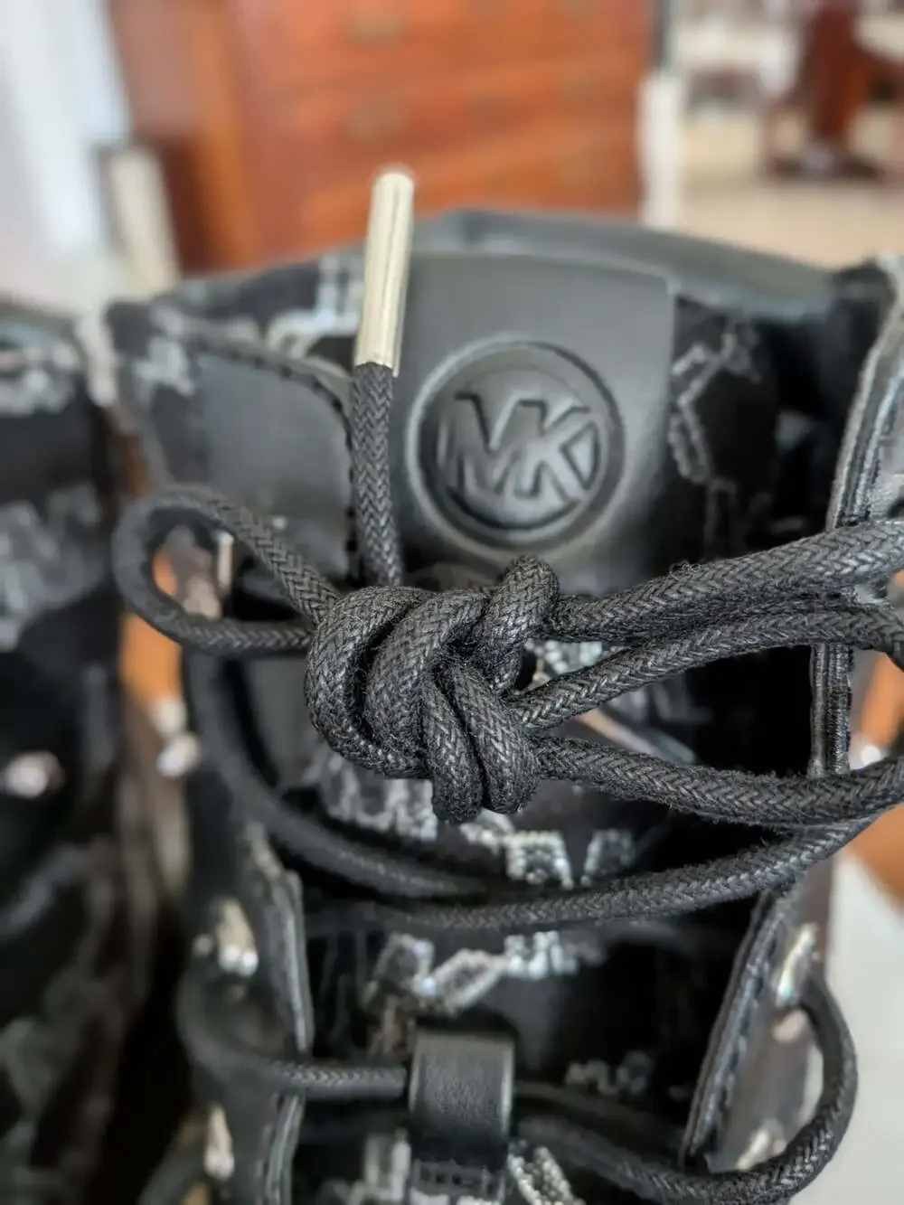 Michael Kors Trudy Bootie Met MK Outline JQD Lace Up Boot Black Size 6.5M